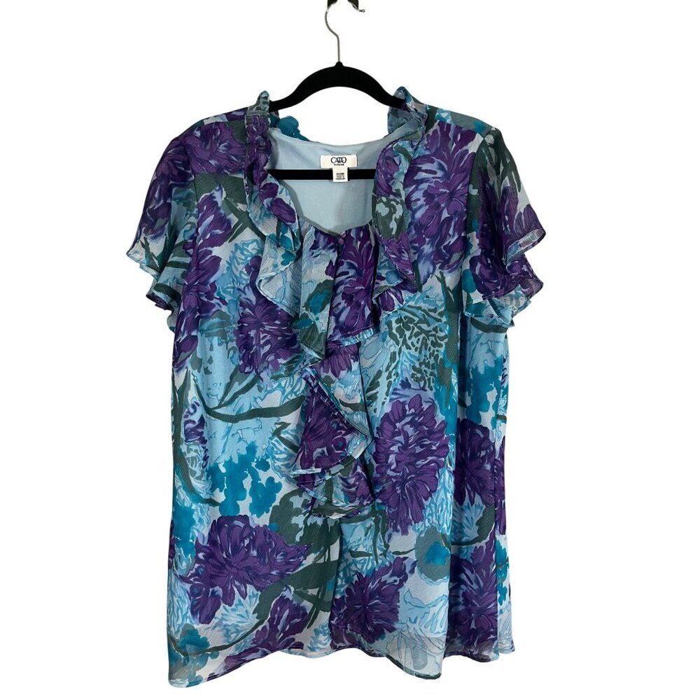 Sheer Floral Ruffle Top 22 Blue Watercolor Mermaid Sheer Colorful Preppy Chic